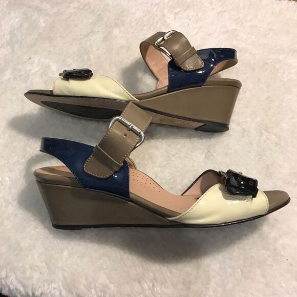 Anyi Lu 37.5 Patent Leather Wedge Sandal Gray Blue - Picture 1 of 8